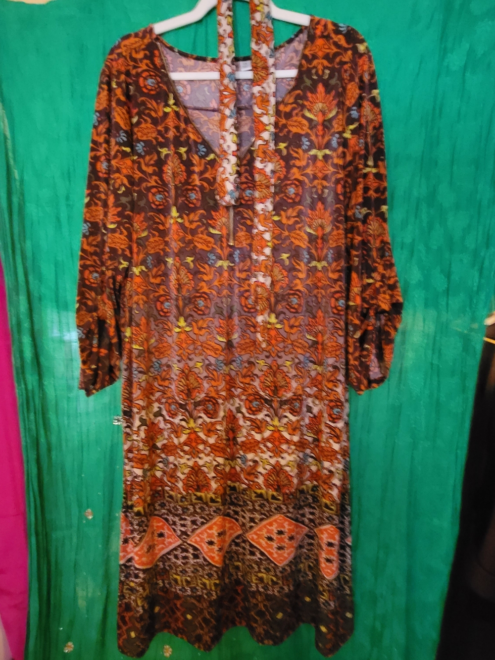 Tacera Boho Brown and Orange Floral Long Sleeve Maxi Dress